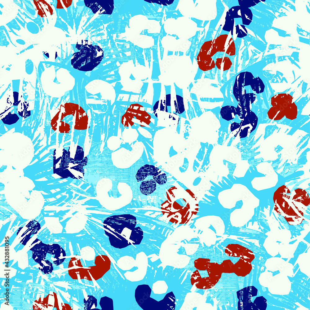 Abstract tropical leaves, grunge leopard camouflage spots background. Trendy seamless pattern palm leaves, animal skin print in natural blue colors. Vector art for surface design, fabric, wallpaper
Aç