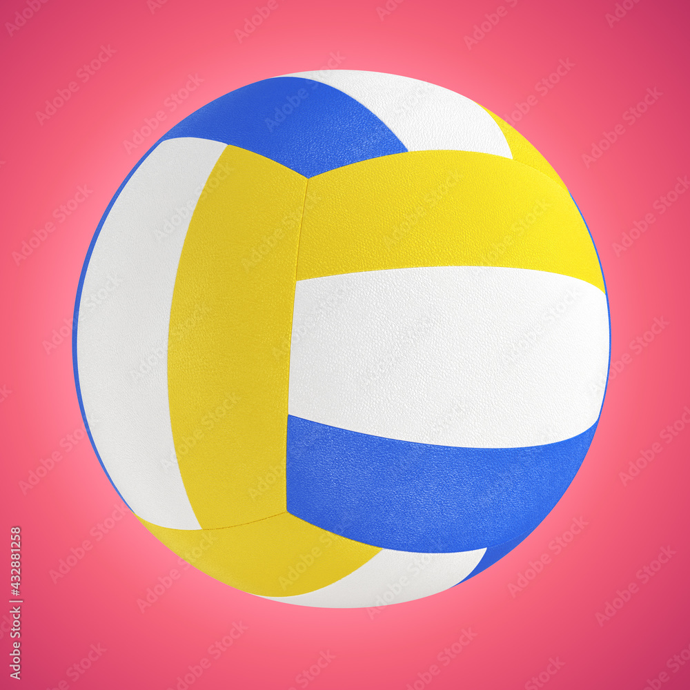 Tricolor bright volleyball ball on a pink backlit background. 3d rendering