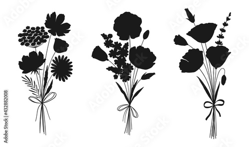 Wildflower bouquets set, floral silhouettes. Hand drawn chamomile, cosmea, poppy, lavender, and other botanical herbs and flowers for design projects. Vector illustration.