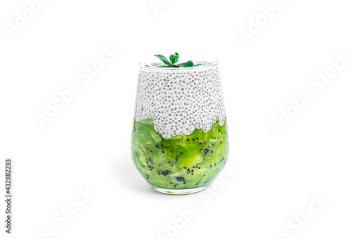 Chia pudding with kiwi isolated on a white background. Multilayer healthy dessert. Chia mousse.