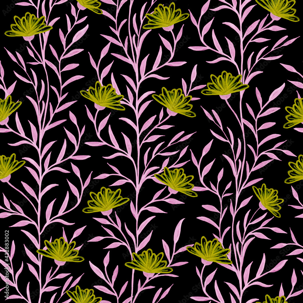 Abstract aster flower and leaf pattern on black background. Design for backgrounds, wallpapers, covers and packaging. Abstract aster flower and leaf pattern on black background. Design for backgrounds, wallpapers, covers and packaging.