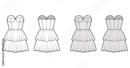 Strapless dress bustier technical fashion illustration with sleeveless, fitted body, 2 row mini length ruffle tiered skirt. Flat apparel front, back, white grey color style. Women, unisex CAD mockup
