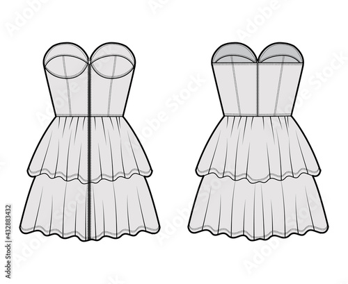 Zip-up bustier dress technical fashion illustration with strapless, fitted body, 2 row mini length ruffle tiered skirt. Flat apparel front, back, grey color style. Women, men unisex CAD mockup
