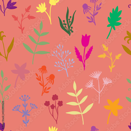 Seamless pattern of wild herbs and flowers isolated on a gentle background. Bright summer design of botanical elements. Vector illustration of plants  branches  leaves  buds  berries. Interior design.