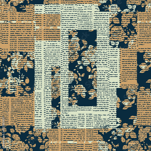Organic neutral textures, Watercolour collage print goblen rose floral and newspaper textured folk pattern. Organic textile. Japanese natural texture. Indigo batik.