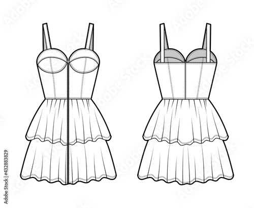 Zip-up bustier dress technical fashion illustration with shoulder straps, fitted body, 2 row mini length ruffle tiered skirt. Flat apparel front, back, white color style. Women, men unisex CAD mockup