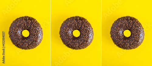 Collage of  chocolate donut on the yellow background. Close-up.