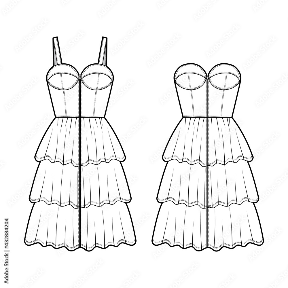 Set of dresses Zip-up denim bustier technical fashion illustration with sleeveless, strapless, knee mini length ruffle tiered skirt. Flat apparel front, white color style. Women, men unisex CAD mockup Set of dresses Zip-up denim bustier technical fashion illustration with sleeveless, strapless, knee mini length ruffle tiered skirt. Flat apparel front, white color style. Women, men unisex CAD mockup