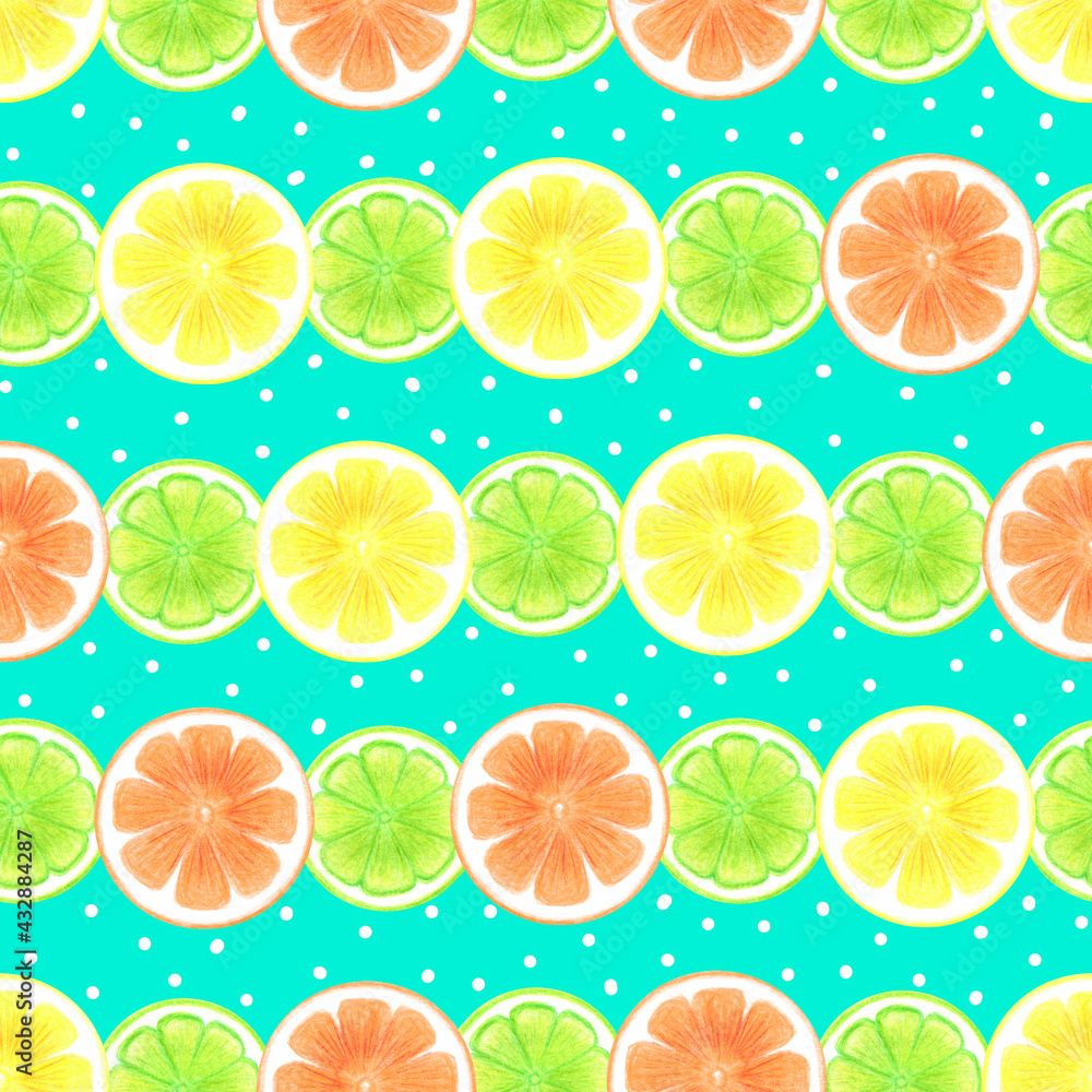 Slices of lemon, grapefruit, orange pattern. Illustration for printing, backgrounds, wallpapers, covers, packaging, greeting cards, posters, stickers, textile and seasonal design.