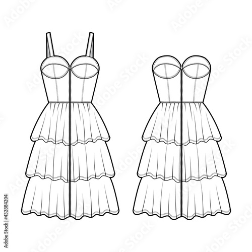 Set of dresses Zip-up denim bustier technical fashion illustration with sleeveless, strapless, knee mini length ruffle tiered skirt. Flat apparel front, white color style. Women, men unisex CAD mockup