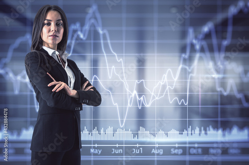 Stock market concept with trader woman on digital wall background with financial chart graphs.