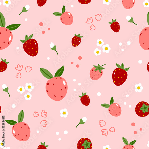Summer seamless pattern with strawberries and flowers on pink background