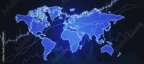 Global trading and investing concept with digital growing candlestick on bright blue world map scheme background