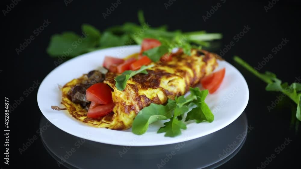 fried egg omelet with wild mushrooms and tomatoes, on black background fried egg omelet with wild mushrooms and tomatoes, on black background