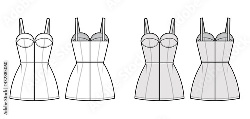 Zip-up tube dress technical fashion illustration with bustier, sleeveless, shoulder straps, fitted body, mini length skirt. Flat apparel front, back, white grey color style. Women, men unisex mockup
