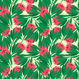 Scrapbook nature seamless pattern with green foliage leaves and pink protea flowers. Isolated print.