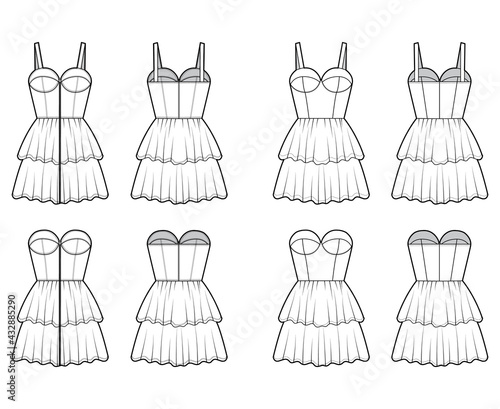 Set of dresses Zip-up bustier technical fashion illustration with sleeveless, strapless, fitted body, mini length ruffle tiered skirt. Flat apparel front, back, white color. Women, unisex CAD mockup