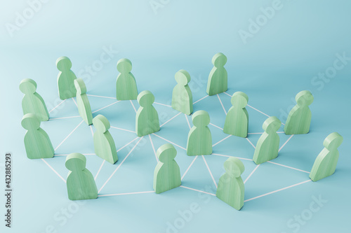 Fototapeta Naklejka Na Ścianę i Meble -  Business teamwork concept with green wooden human figures on light blue background with white lines