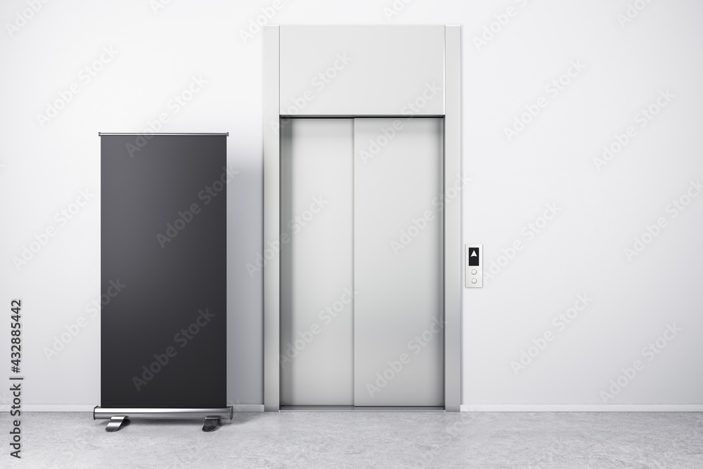 Black floor signage with copyspace in front of the elevator in abstract light building. 3D rendering, mockup Black floor signage with copyspace in front of the elevator in abstract light building. 3D rendering, mockup