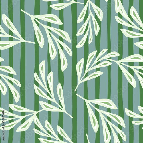 Fototapeta Naklejka Na Ścianę i Meble -  White random geometric foliage abstract branches ornament. Green and blue striped background.
