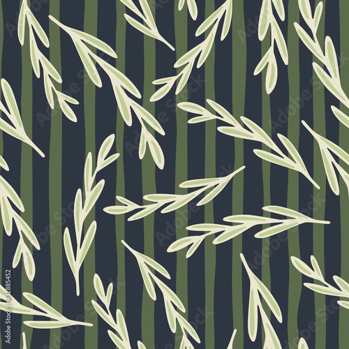 Fototapeta Naklejka Na Ścianę i Meble -  Random white herbal twigs shapes seamless pattern. Navy blue and green striped background. Doodle print.