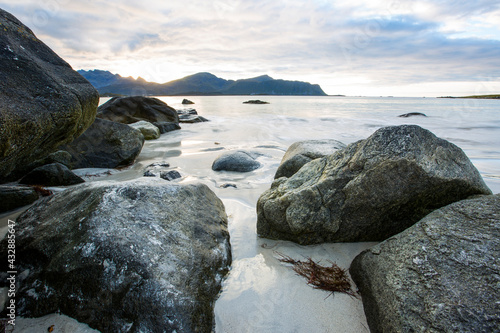 Autumn landscape and beach in Lofoten Islands, Northern Norway