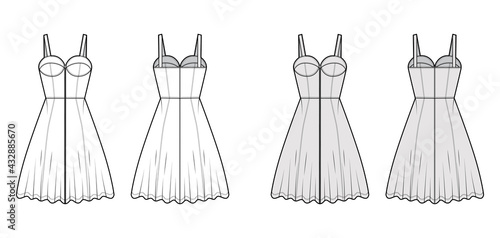Zip-up dress denim bustier technical fashion illustration with sleeveless, fitted body, knee length A-line skirt. Flat apparel front, back, white grey color style. Women, men unisex CAD mockup