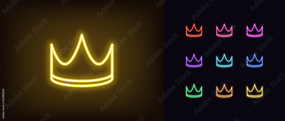 Neon crown icon. Glowing neon corona sign, outline crown pictogram - obrazy, fototapety, plakaty 
