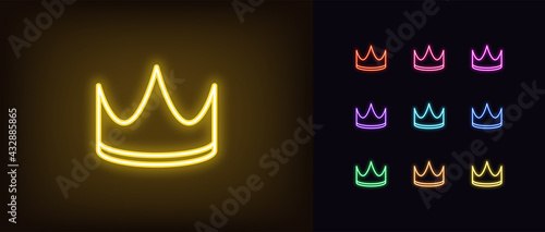 Neon crown icon. Glowing neon corona sign, outline crown pictogram