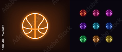 Neon basket ball icon. Glowing neon basketball sign, outline ball pictogram