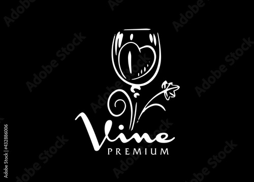 Vector logo drawn by hand. Heart in a glass of wine