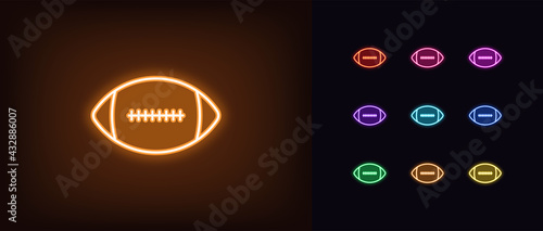 Neon American football icon. Glowing neon rugby ball sign, outline football pictogram