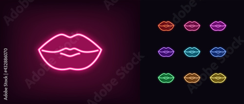 Neon lips icon. Glowing neon kiss sign, outline woman lips pictogram