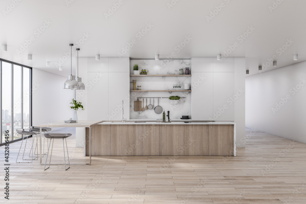Front view on wooden tabletop in stylish spacious kitchen room with marble  decor wall, parquet floor, light walls, modern silver lamps from top and  big windows with city view ilustración de Stock