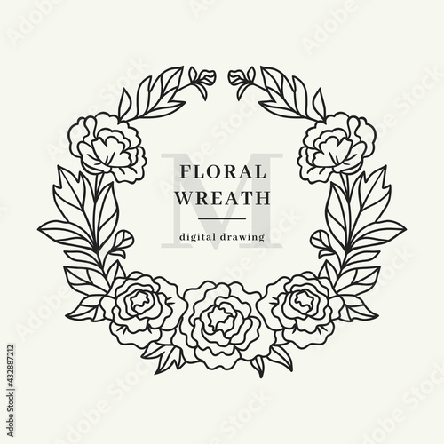 Peony wreath, Floral circle monogram with peonies, Floral wreath, Farmhouse floral frame, Vector illustration