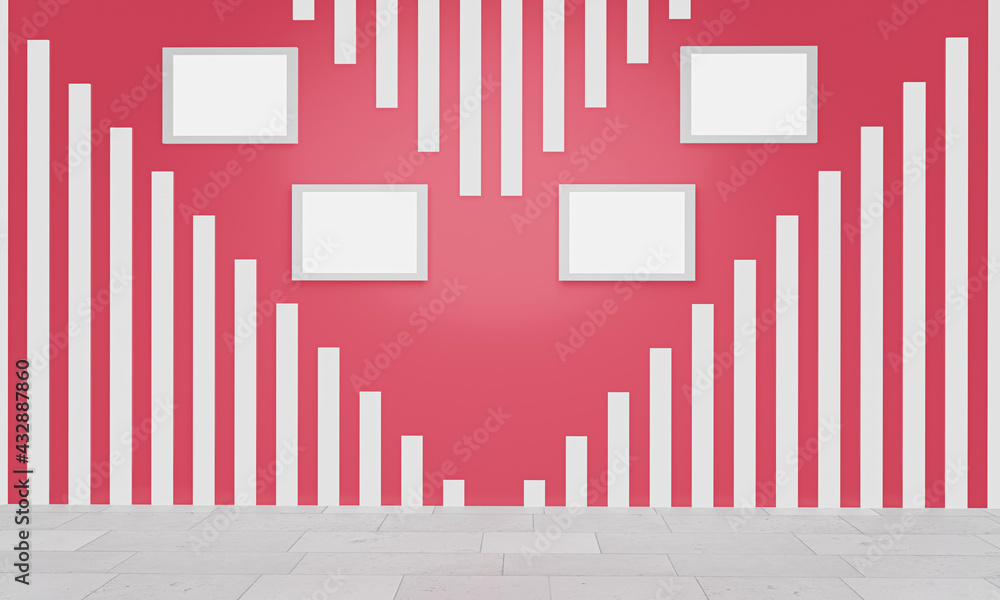 Walls in pale red or pastel pink. Slat panels in white pattern. Modern wall or background design. Marble floor in square grid pattern. 3D Rendering Walls in pale red or pastel pink. Slat panels in white pattern. Modern wall or background design. Marble floor in square grid pattern. 3D Rendering