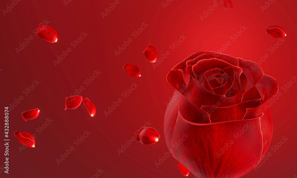 Red rose without stalks and leaves on red background. Falling rose petals. 3D Rendering. Red rose without stalks and leaves on red background. Falling rose petals. 3D Rendering.