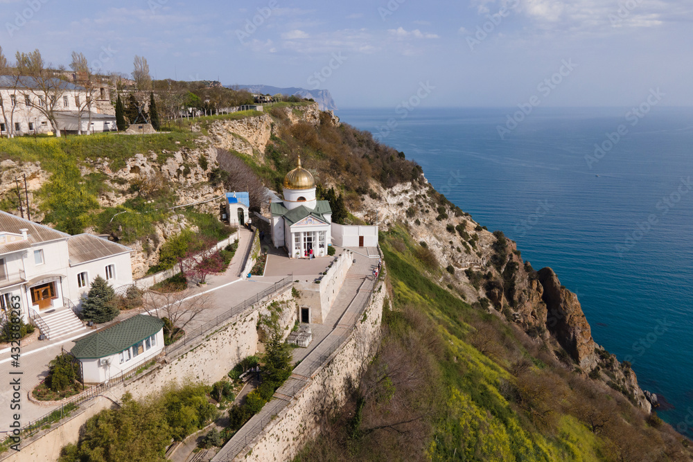 Aerial view of church on Phiolent cliff in summy summer day in Crimea