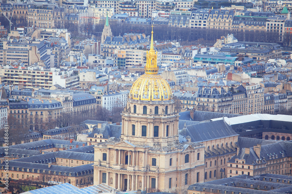  Invalides Cathedral with golden cupola in Paris . 7th arrondissement of Paris . Aerial view of France capital city downtown