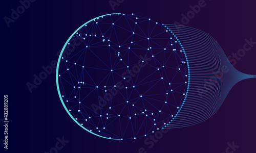 Sphere with connected dots and lines. Abstract blue background big data concept.