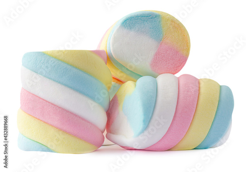 Tableau sur toile Fluffy Colorful marshmallows candy isolated on white background