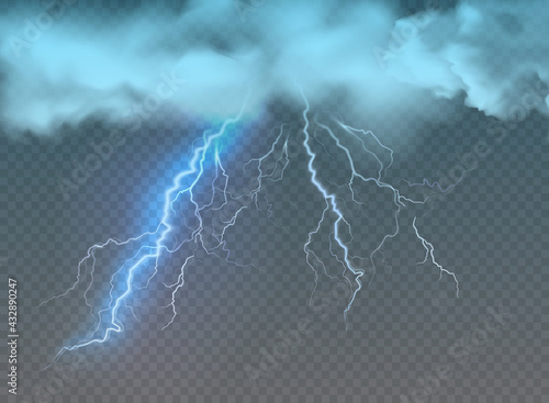 Vector realistic dark stormy sky with clouds, heavy rain and lightning strikes.