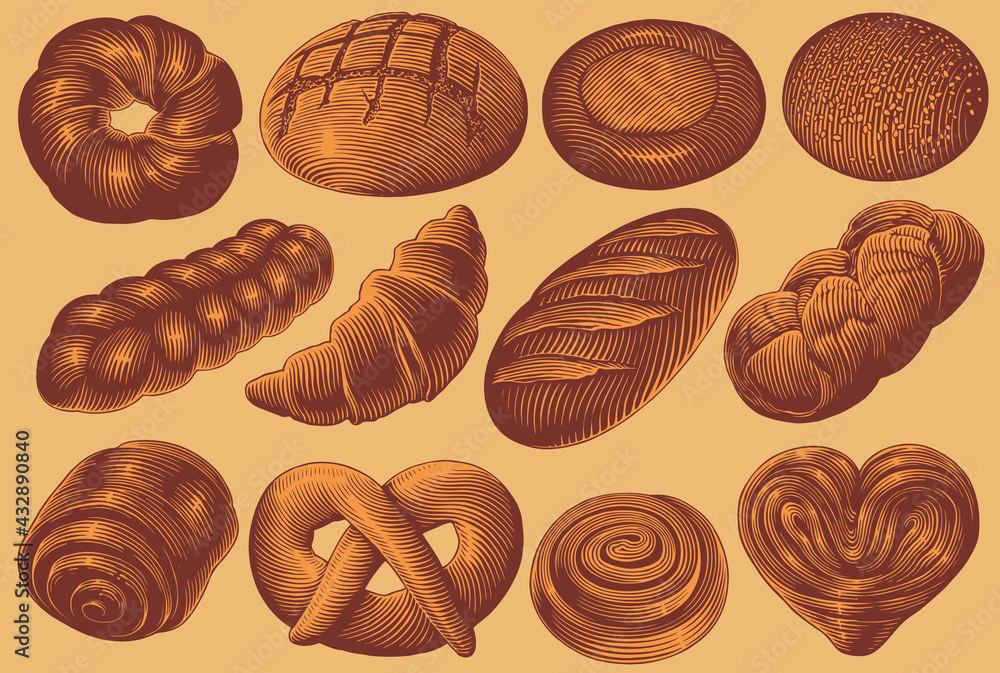 Bakery products. Design set. Hand drawn engraving. Editable vector vintage illustration. Isolated on color background. 8 EPS Bakery products. Design set. Hand drawn engraving. Editable vector vintage illustration. Isolated on color background. 8 EPS