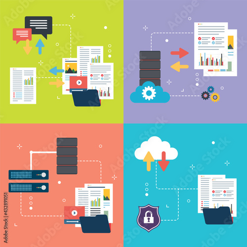  Sharing, data, backup, documents and safely icons. Concepts of file sharing, shared documents, data backup and download files safely. Technology and computer icon set. Flat design icons in vector ill