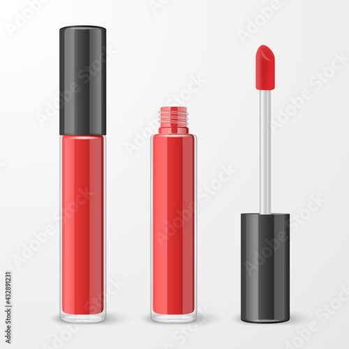 Vector 3d Realistic Closed, Opened Red Lip Gloss, Lipstick Package, Black Cap Set Isolated. Glass Container, Tube, Lid, Brush. Plastic Transparent Bottle Design Template, Mockup. Front View © gomolach