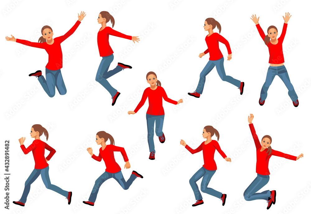 Nine isolated vector figures of a teenager girl running. jumping, dancing, raising hands