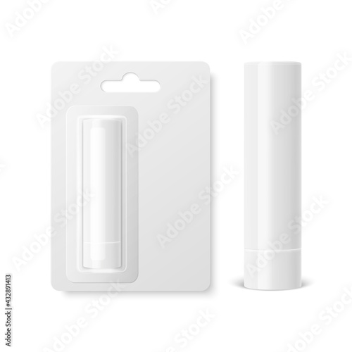 Vector Realistic 3d White Blank Closed Lip Balm Stick, Hygienic Lipstick and Blister Packaging Set Isolated. Design Template for Graphics, Vector Mockup. Cosmetic, Beauty, Makeup Concept. Front View