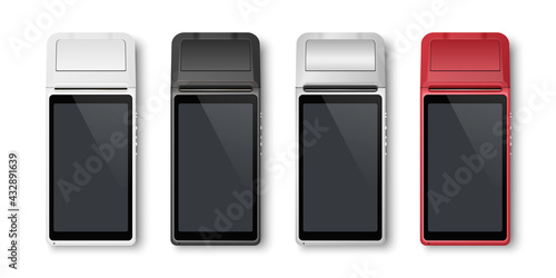 Vector Realistic Silver 3d Payment Machine. POS Terminal Set Closeup Isolated on White Background. Design Template of Bank Payment Terminal, Mockup. Processing NFC Payments Device. Top View