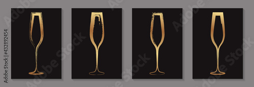 Golden luxury champagne glasses in grunge style on a black background for tasting invitation or bar and restaurant menu or banner or logo.