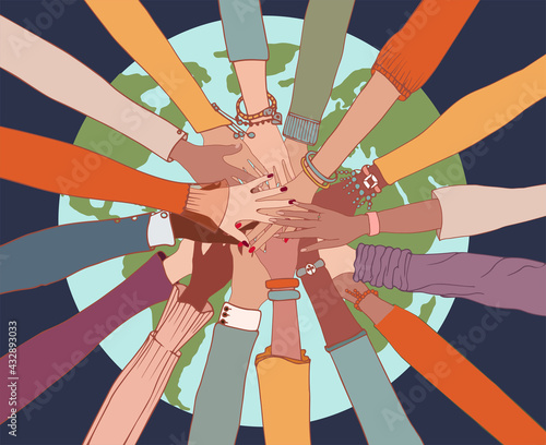 People diversity. Arms and hands on top of each other on the globe.People of diverse race culture ethnicity and country.Integration.Coexistence.Multicultural society. Agreement.Community